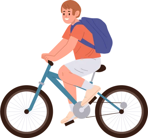 Young boy wearing backpack riding bicycle having fun trip on weekend  Illustration