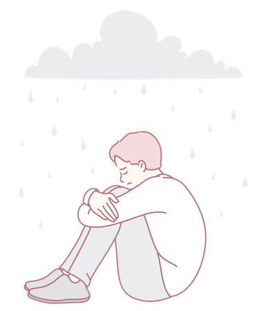 Young boy who is feeling sad while sitting under a gloomy rainy cloud  Illustration