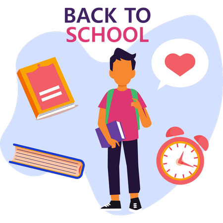 Young boy with a backpack and various school supplies prepares for her school day  Illustration