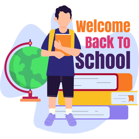 Young boy with a backpack and various school supplies prepares for her school day  Illustration
