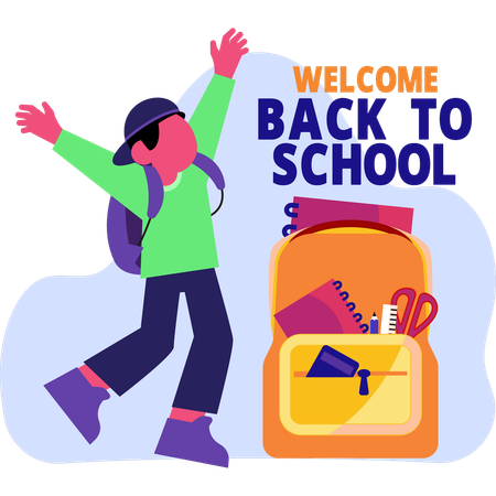 Young boy with a backpack and various school supplies prepares for her school day  Illustration