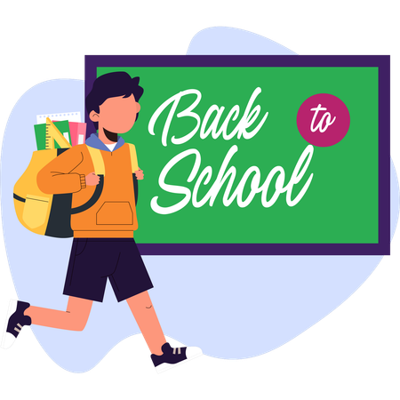 Young boy with a backpack and various school supplies prepares for her school day  Illustration