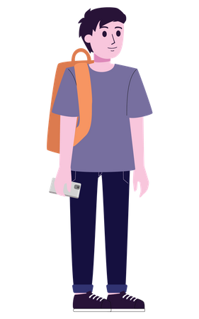Young boy with backpack and phone Illustration