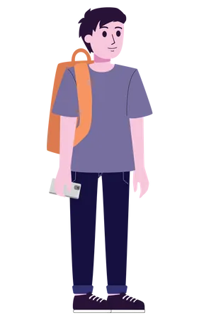Young boy with backpack and phone  Illustration