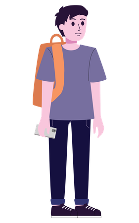 Young boy with backpack and phone  Illustration