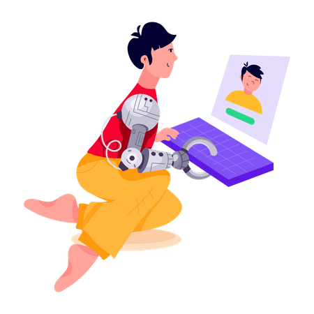 Young boy with prosthetic hand working on laptop  Illustration