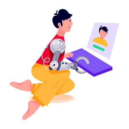 Young boy with prosthetic hand working on laptop  Illustration