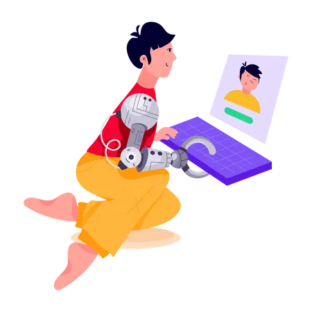 Young boy with prosthetic hand working on laptop  Illustration