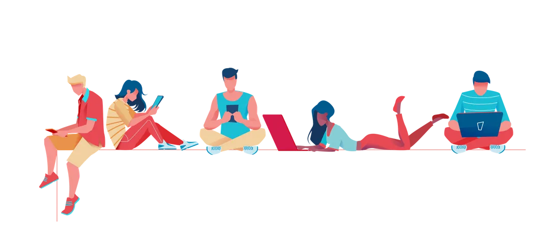 Young Boys and girls using mobile and laptop Illustration