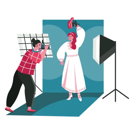People Work As Photographers Scene Concept Man With Photo Camera Makes Photos To Posing Woman In Studio Profession And Hobby People Activities Vector Illustration Of Characters In Flat Design Illustration