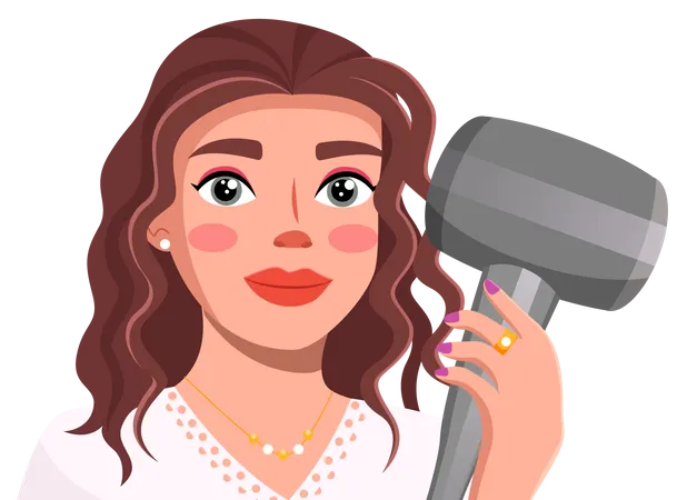 Cartoon Character Avatar Of Young Brunette Holding Hair Dryer In Hand Golden Ring At Finger Violet Manicure Isolated Portrait Of Pretty Woman With Necklace In White Blouse Attractive Lady Illustration
