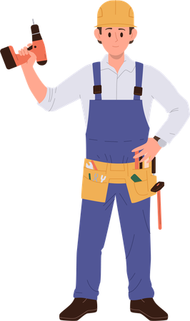 Young builder standing with drill machine  Illustration