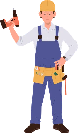 Young builder standing with drill machine  Illustration