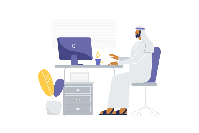 Vector Illustration Of A Male Arab Character Working In His Office A Businessman Is Sitting On The Desk With A Computer Illustration