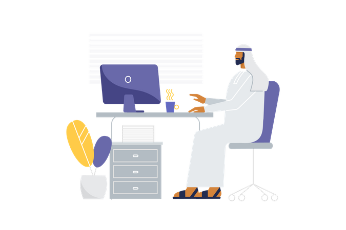 Young business Arab man works at computer  Illustration