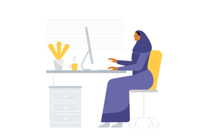 Young business Arab woman works at computer  Illustration