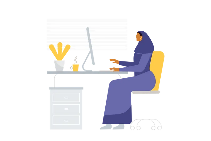 Vector Illustration Of A Female Arab Character Working In Her Office A Businesswoman Is Sitting On The Desk With A Computer Illustration