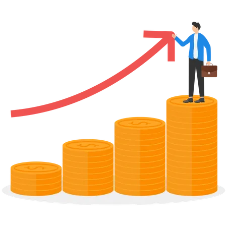 Business Finance Performance Concept With Businessman Drawing Line Arrows On Coin Piles Symbol Business Profit Growth Margin Revenue Illustration Illustration