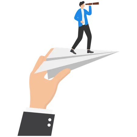 Big Hand Holding Red Paper Plane With Businessman Standing On It Concept Illustration Leader Help For Success Emplyess Illustration