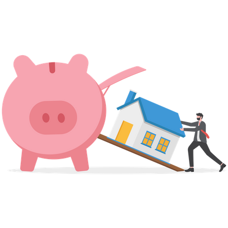 Young business man buy house from piggy bank saving  Illustration