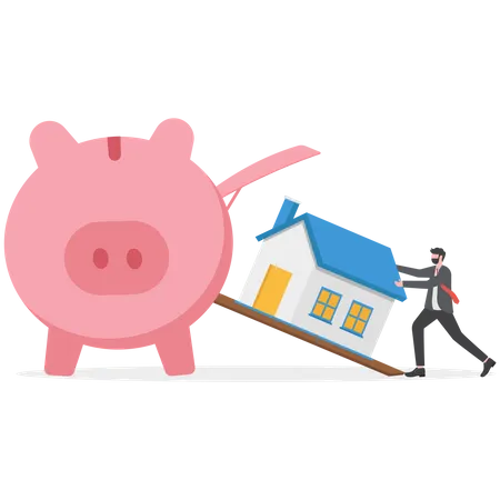 Saving For House Mortgage Or Housing Loan Collect Money For Down Payment Concept Human Man Buy House Pink Piggy Bank Illustration