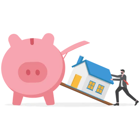 Young business man buy house from piggy bank saving  Illustration