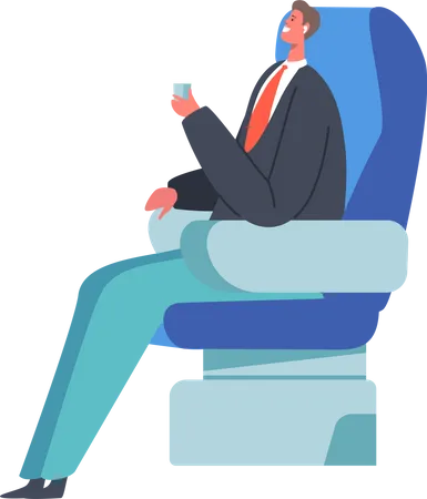 Young Business Man Sit in Comfortable Airplane Seat and Drinking Beverage  Illustration