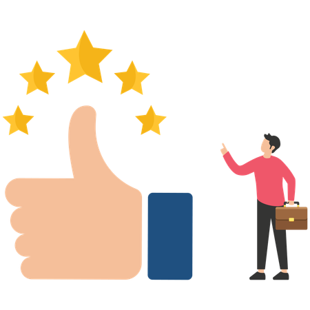 Young business owner with big thumb up and 5 stars rating  イラスト