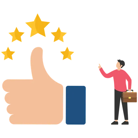 Young business owner with big thumb up and 5 stars rating  イラスト