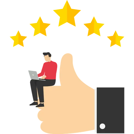 Young business owner with big thumbs up and five star rating  Illustration