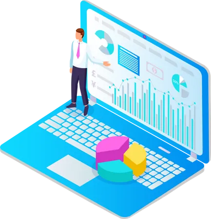 Analysis And Planning Teamwork Consulting Business Concept For Project Management Financial Reporting And Strategy Small Businessman Standing On Laptop Doing Digital Analysis Charts And Graphs Illustration