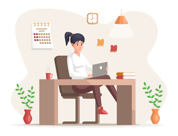 Young business woman at desk is working on laptop  Illustration