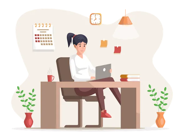 Young business woman at desk is working on laptop  Illustration