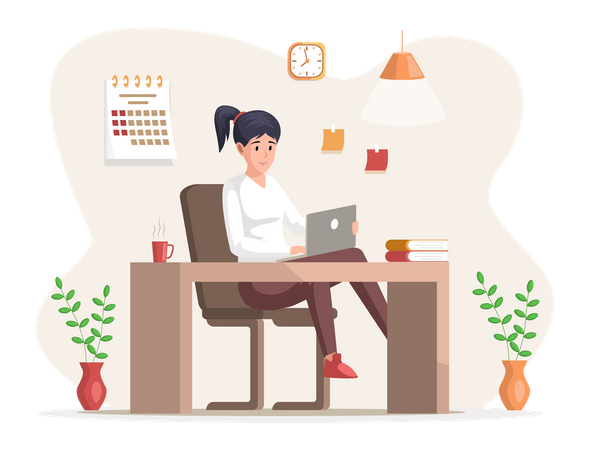 Young business woman at desk is working on laptop  Illustration