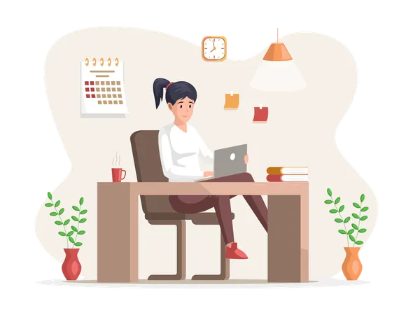 Young Business Woman At Desk Working On Laptop  Illustration