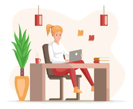 Young business woman is working on laptop  Illustration