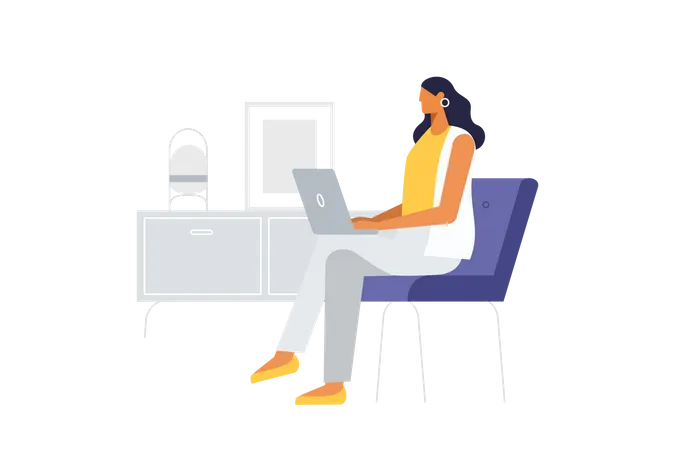 Vector Illustration Of A Female Character Working In Her Office A Businesswoman Is Sitting In An Chair With A Laptop Illustration