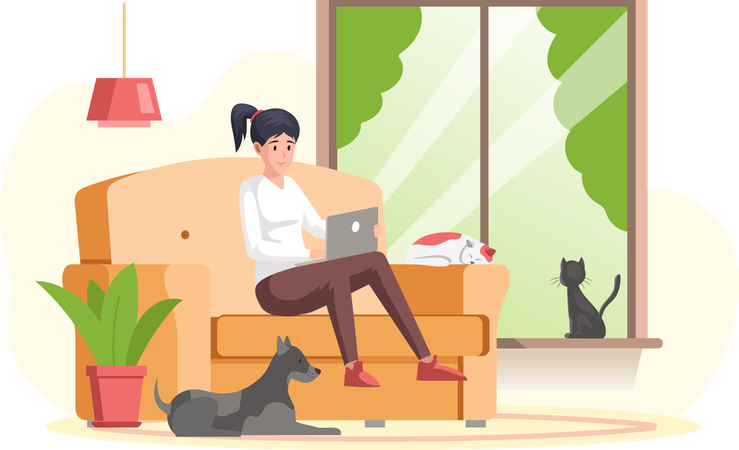 Young Business Woman Working On Laptop At Home  Illustration