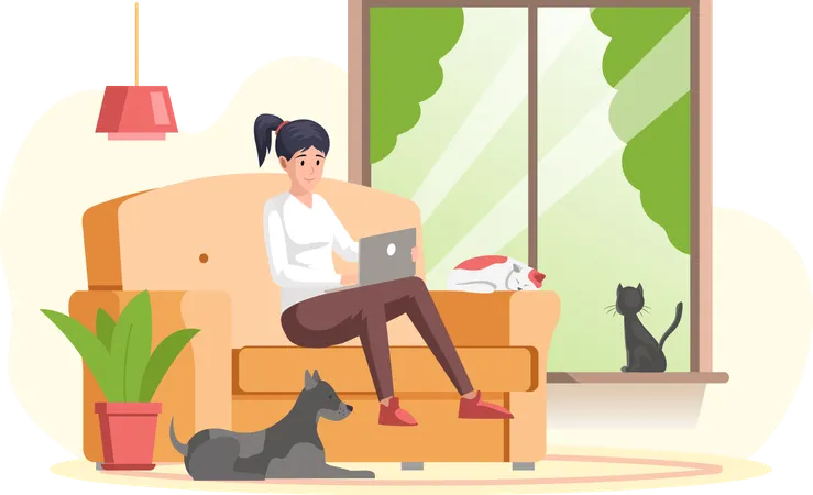 Young Business Woman Working On Laptop At Home  Illustration