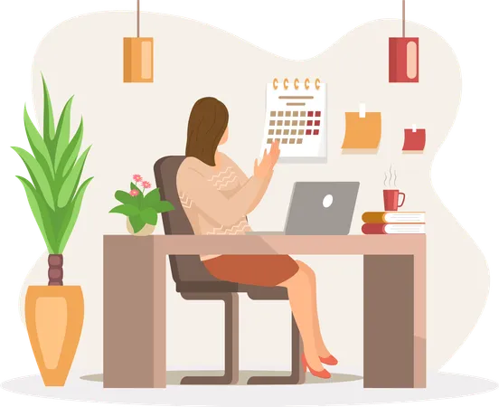 Young business woman working on laptop from office  Illustration