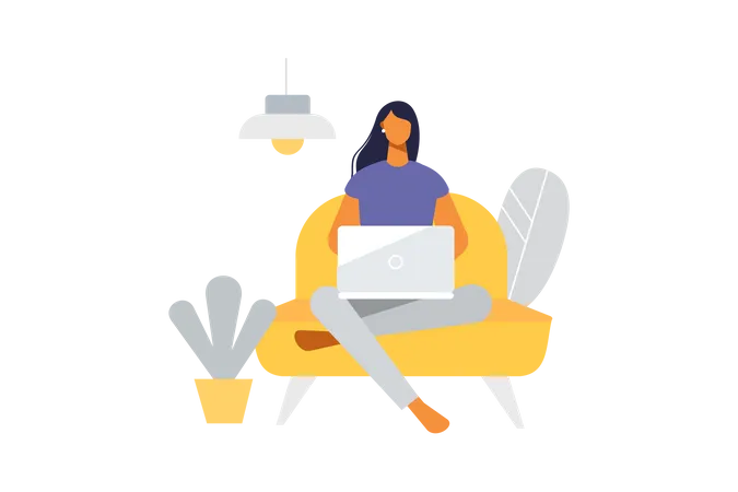 Vector Illustration Of A Female Character Working In Her Office A Businesswoman Is Sitting On The Couch With A Laptop Illustration