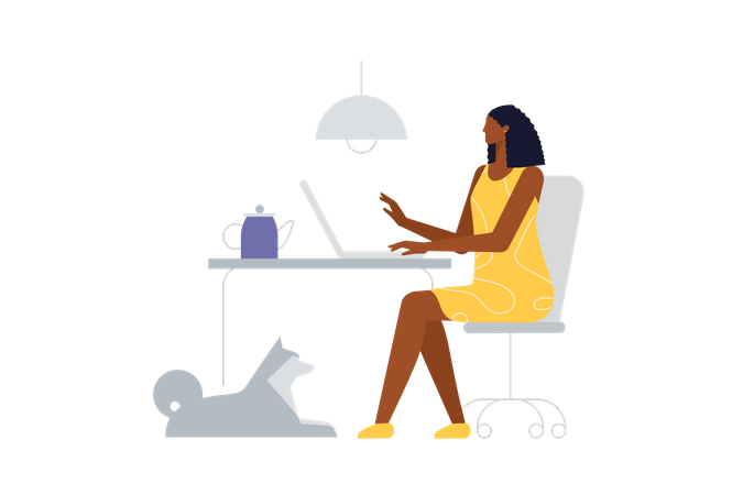 Young business woman works at laptop  Illustration
