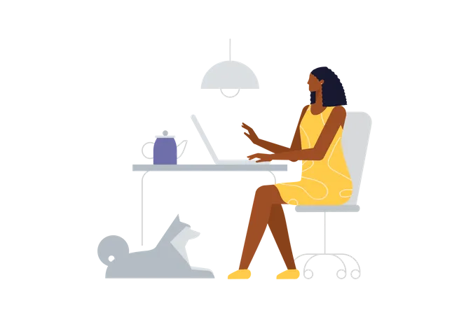 Young business woman works at laptop  Illustration