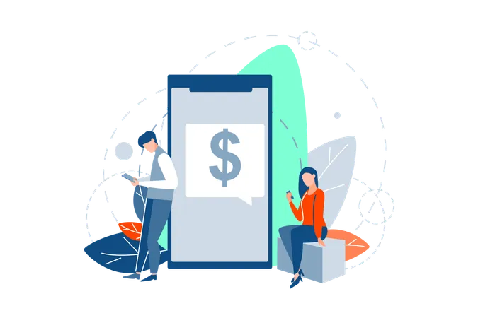 Online Payment Investment Business Concept Young Businessman And Business Woman Freelancers Are Making Dollar Online Payment Using Communication Devices Money Investment Business Deal Illustration