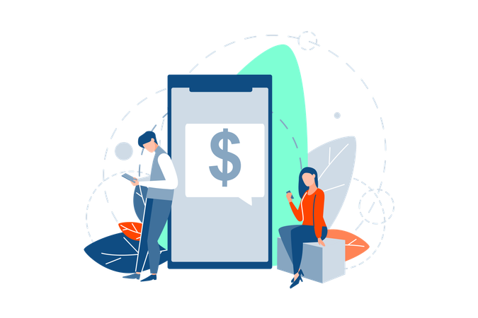 Young businessman and business woman making online payment  Illustration