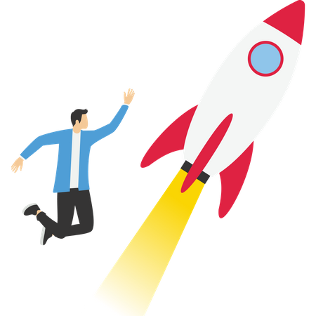 Young businessman and rocket startup launch  Illustration