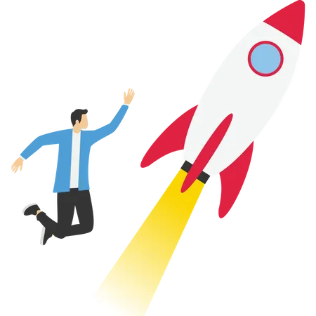 Young Businessman And Rocket Startup Launch Concept Vector Illustration In Flat Style Illustration