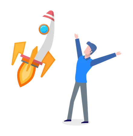 Happy Entrepreneur With Flying Rocket Vector Successfully Launched Startup Businessman Excited From Success Of Project Rapid Pace Speed Of Spaceship New Idea Illustration