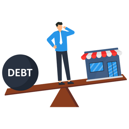Young businessman balancing between income and debt  Illustration