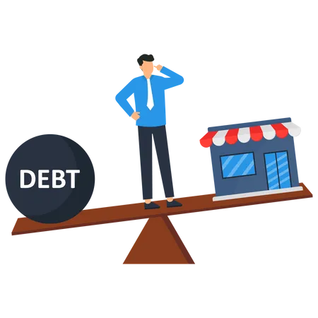 Young businessman balancing between income and debt  Illustration